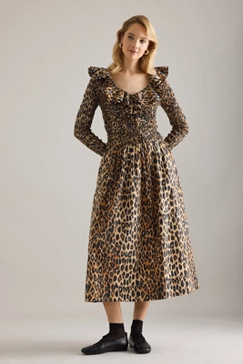 Damson Madder Harper Gerafftes Midi-Kleid aus Baumwolle mit Leopardenmuster | Anthropologie (EU)