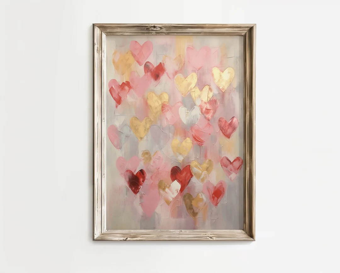 Valentines Day Red Pink and Gold Heart Print, Valentines Digital Print, Valentines Wall Art, Vint... | Etsy (US)