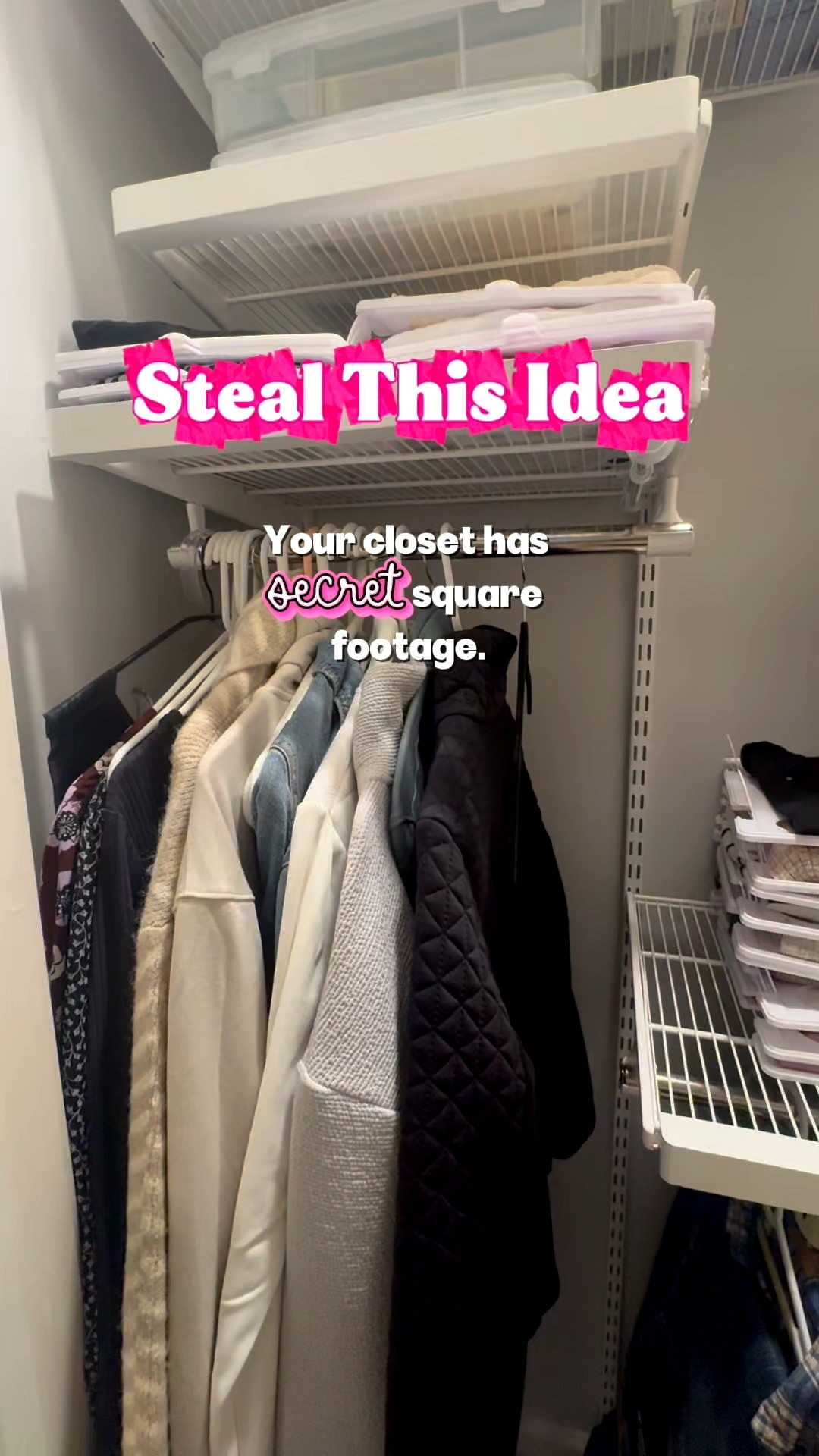 You know we’re all about making life easier, prettier, and more functional.

This one? Checks all 3 boxes. ✅

Here’s what you need:

1. Hangers with a trouser bar- I love anything that’s slim and nonslip to cut the bulk.

2. Hanger clips

3. A valet rod (optional but makes it easier)

Then all you have to do is decide what you’ll do with all your freed up space. Me personally? That’s were my tall boots go.

This takes less than 10 minutes and makes a huge impact.