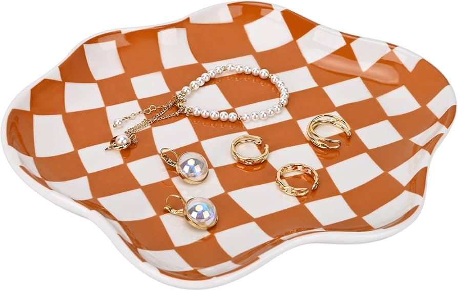 Koythin Jewelry Tray, Ceramic Jewelry Dish Trinket Tray Organizer, Checkered Pattern Aesthetic De... | Amazon (US)