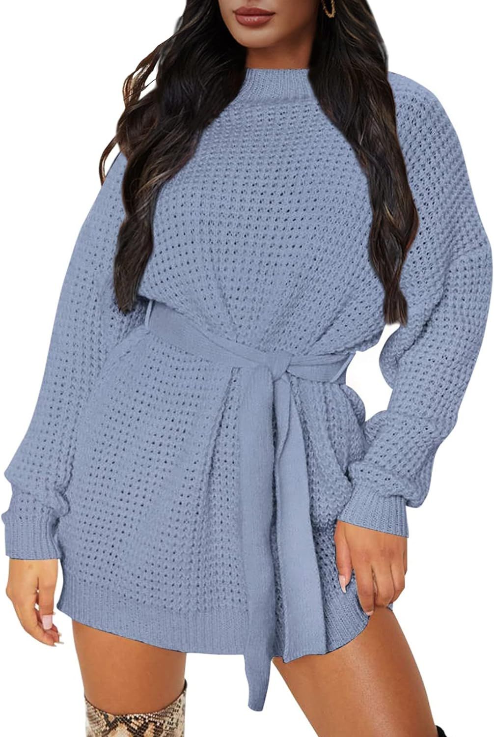 ZESICA Women's Long Sleeve Solid Color Waffle Knitted Tie Wasit Tunic Pullover Sweater Dress | Amazon (US)