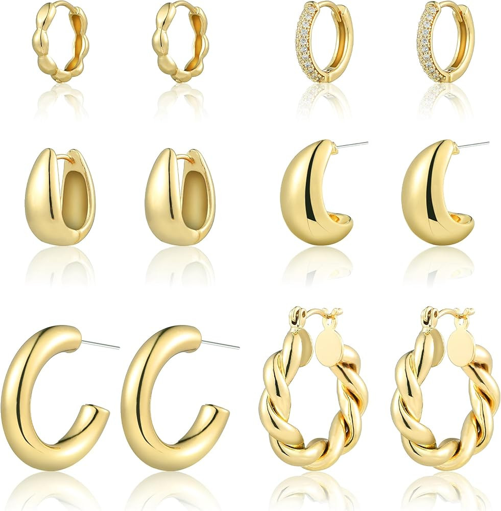 6 Pairs Gold Hoop Earrings for Women, 14K Gold Plated Chunky Huggie Hoop Earrings Set Hypoallerge... | Amazon (US)
