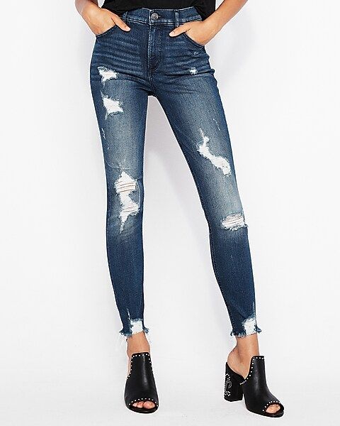 high waisted denim perfect ripped ankle leggings | Express