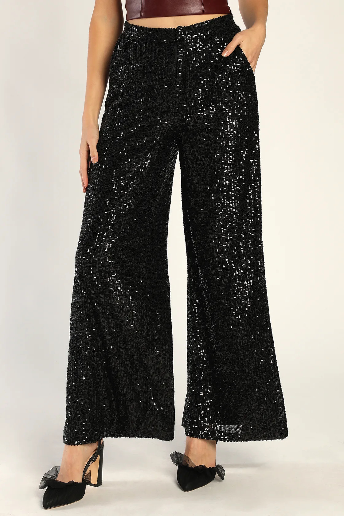 All Night Sparkle Black Sequin High Rise Wide-Leg Pants | Lulus (US)