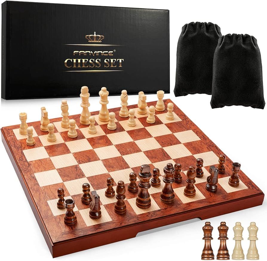 Chess Set 15" Wooden Board Game - Wood Sets with 2 Storage Bags and 2 Extra Queens - Gifts Box fo... | Amazon (US)