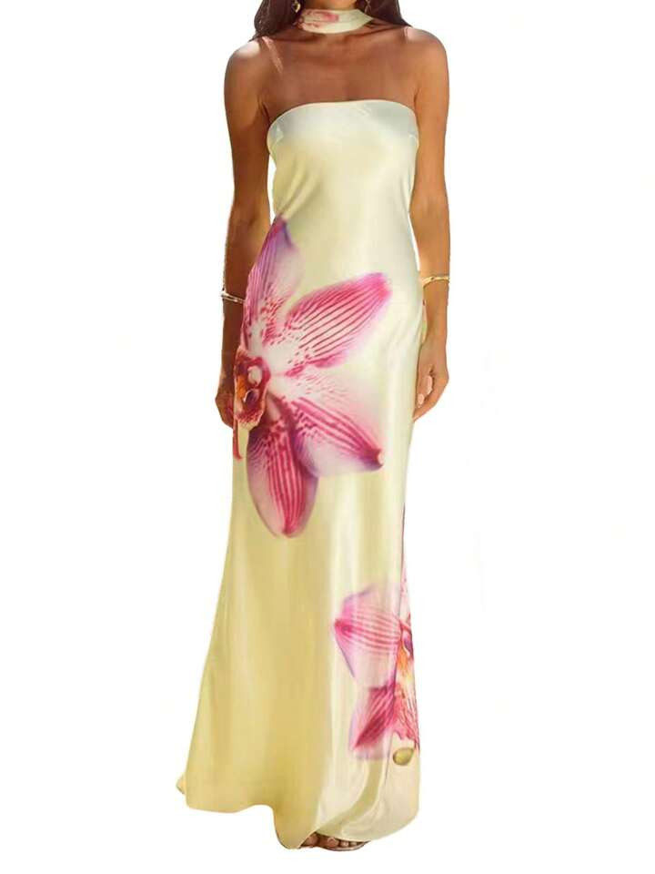 Women Tube Dress, Elegant Strapless Backless Flower Print Summer Long Dress With Scarf | SHEIN