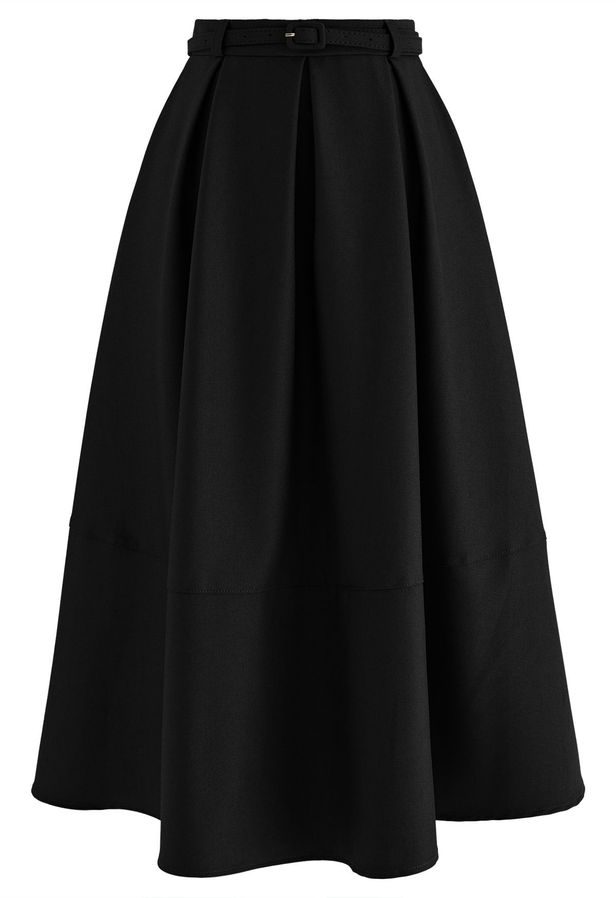Side Pockets Pleated Belt Midi Skirt in Black | Chicwish