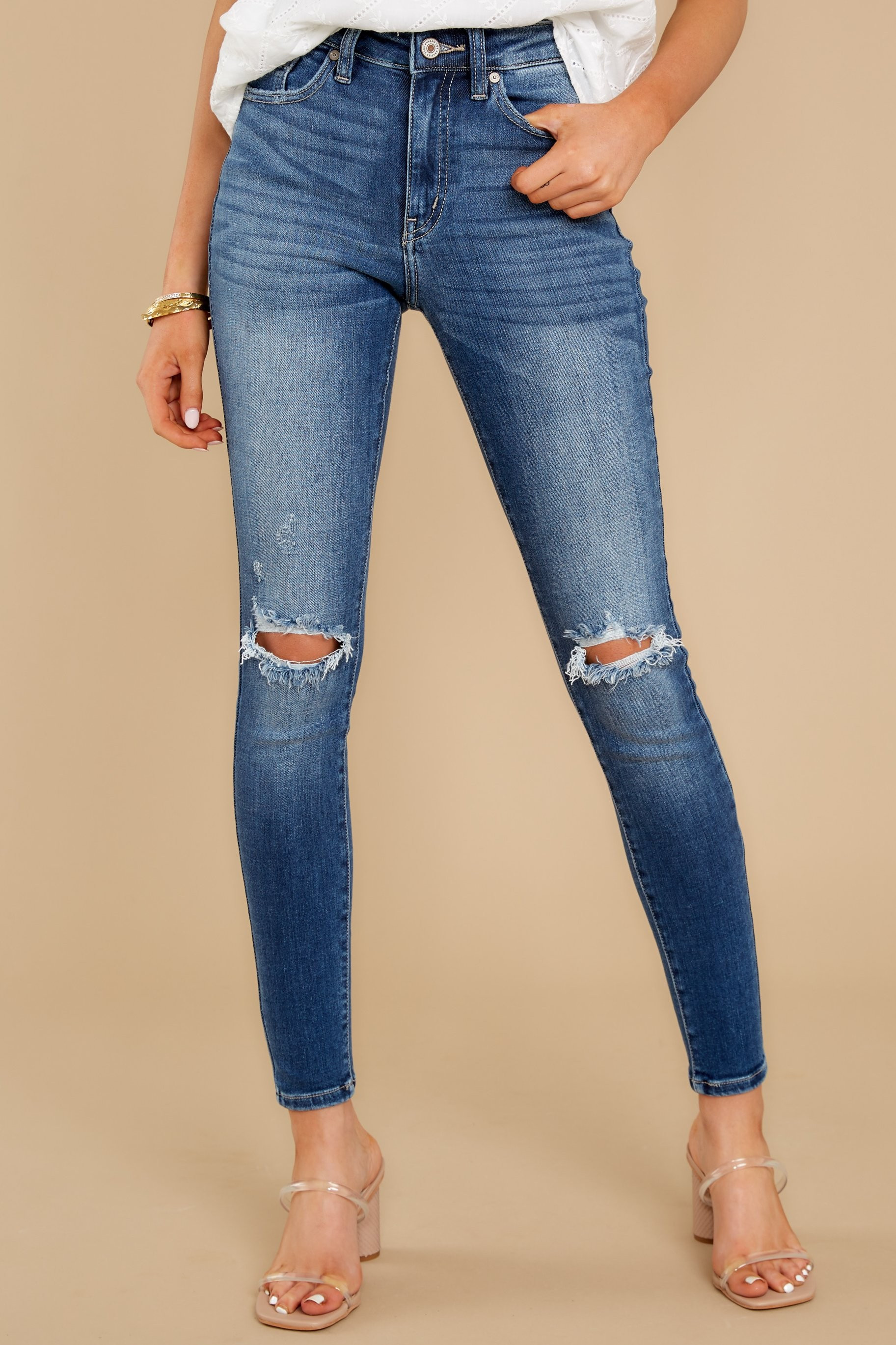 Ask Me Again Medium Wash Distressed Skinny Jeans Blue | Red Dress 
