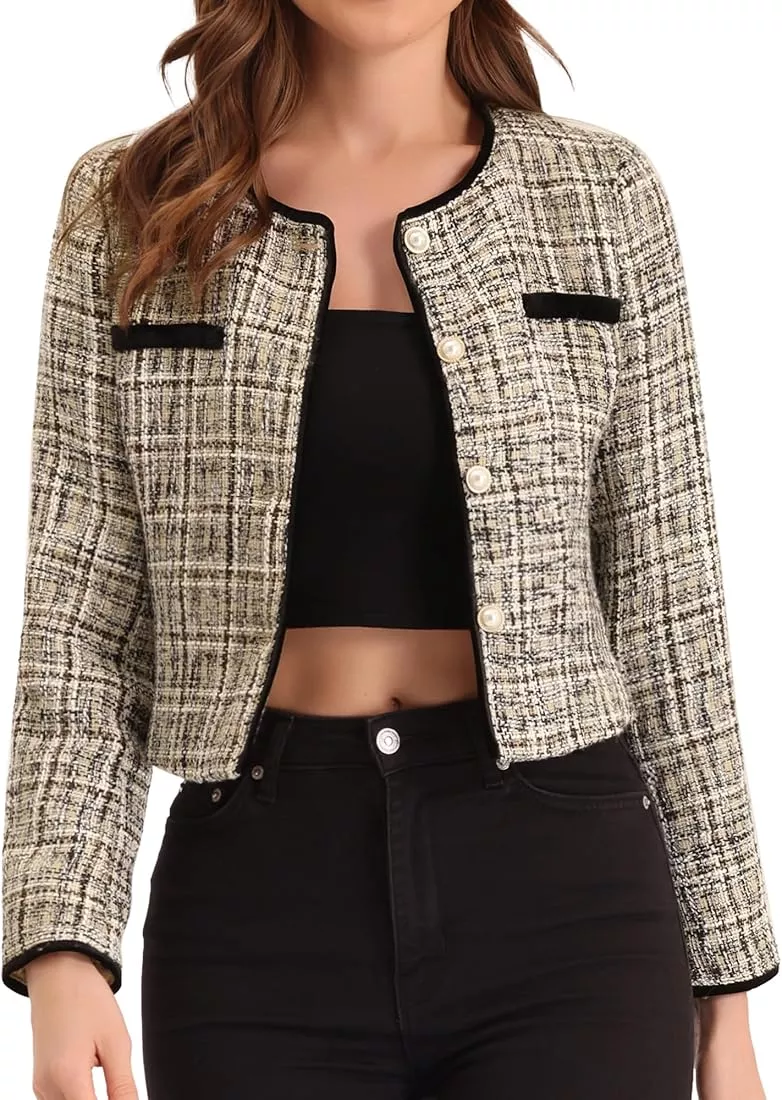 Allegra K Women's Plaid Tweed Blazer Long Sleeve Open Front Work Office  Short Jacket