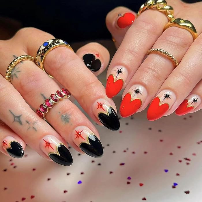 Press On Nails - Medium Oval Black & Red Heart 3D Pearl False Nails with Design, Glossy Coffin Na... | Amazon (US)