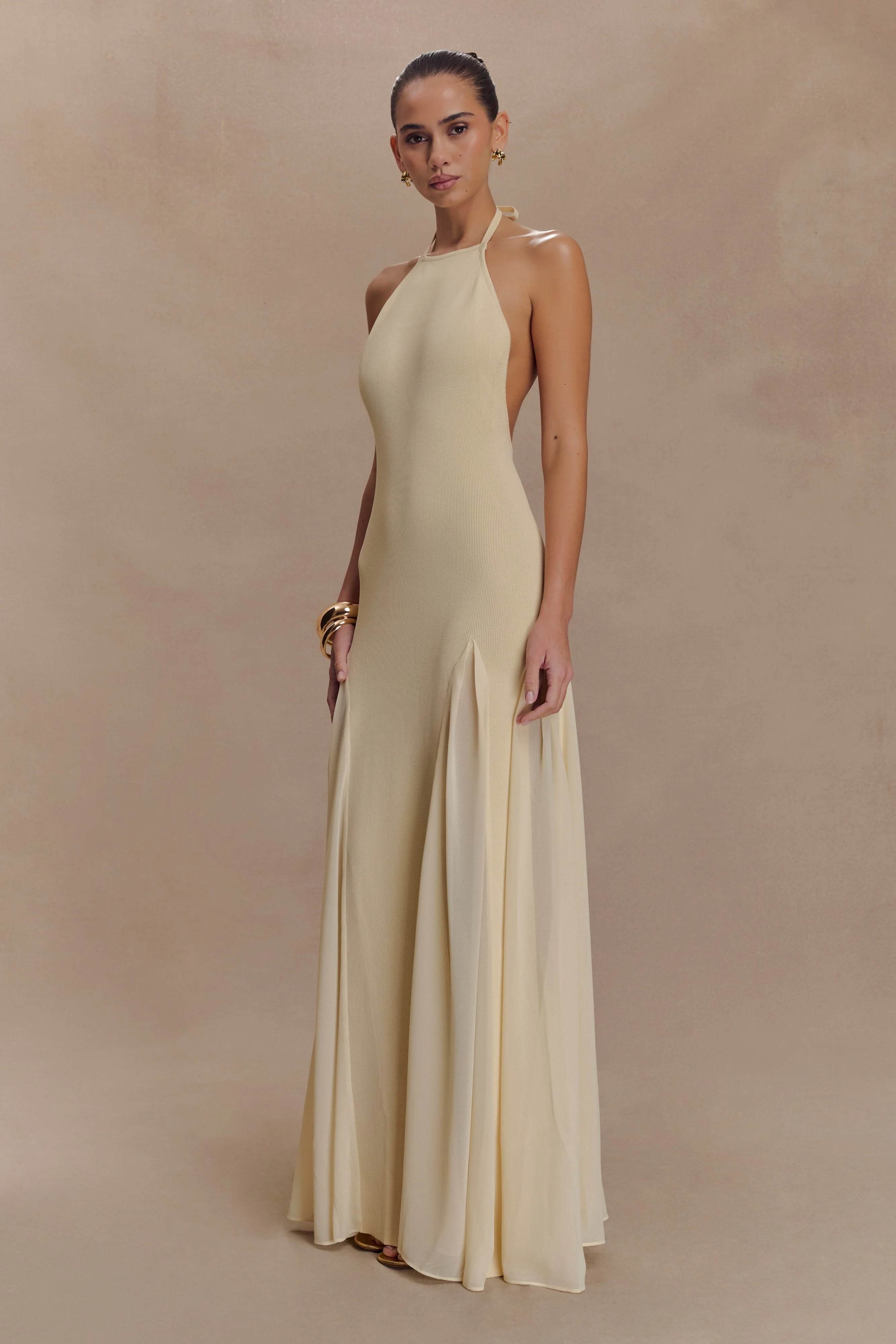 Knit And Mesh Halter Maxi Dress - Cream | MESHKI US
