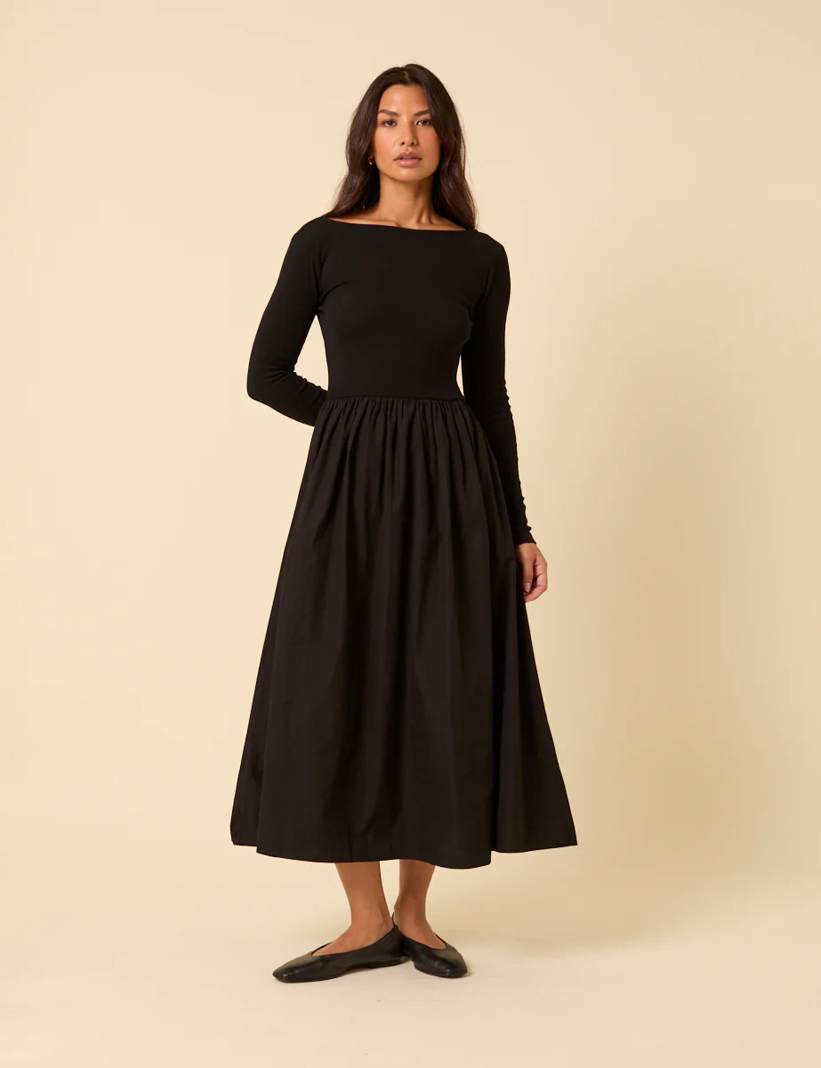 Black Long Sleeve A-Line Penni Midi Dress | Nobody's Child