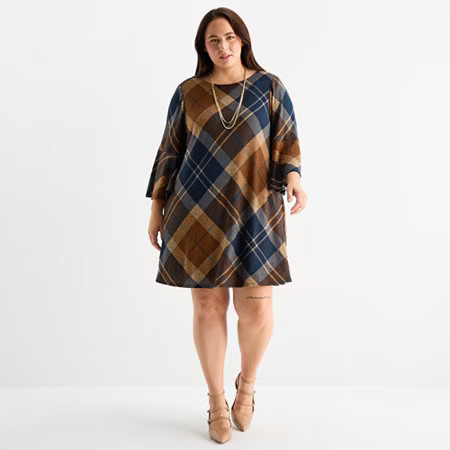 Jessica Howard Womens Plus 3/4 Sleeve Plaid Shift Dress, 1x, Blue | JCPenney