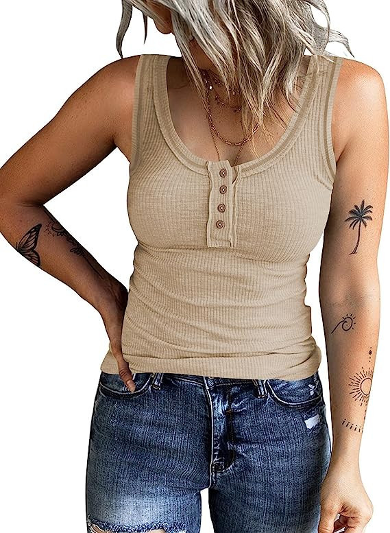 WAYMAKER Women's Sleeveless Racerback Henley Tank Tops Summer Ribbed Knit Button Down Slim Fit Ba... | Amazon (US)