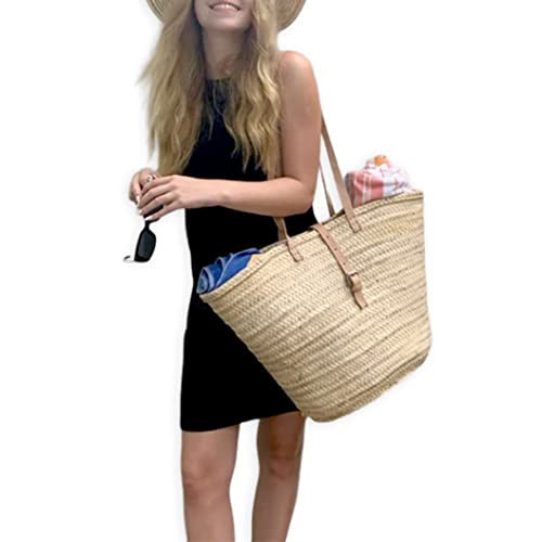 French Market Basket Straw Bag with Leather Handles, Beach Tote, Handmade Wicker Basket with Buckle Closure, Market Bag | Amazon (US)