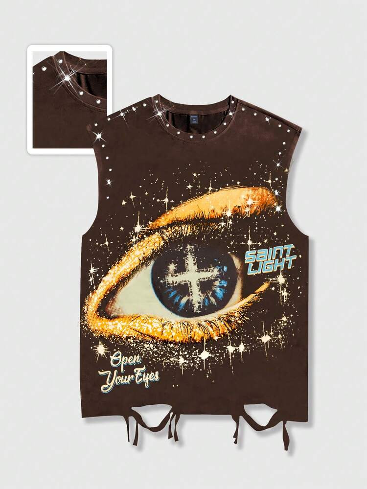 ROMWE MEN Grunge Punk Spring/Summer Casual Graphic Punk Street Style Graphic Print Sleeveless Crew Neck Tank Top With Rhinestones And Distressed Details, Men Summer | SHEIN