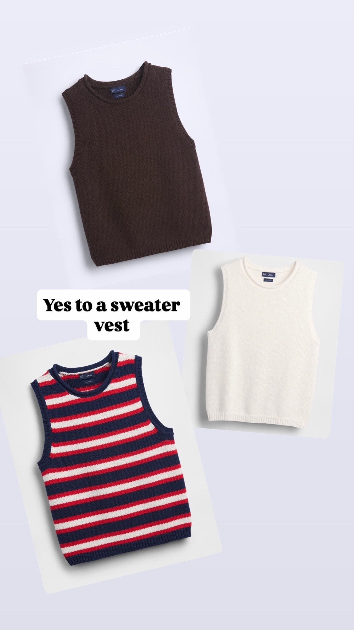 A sleeveless sweater vest. 
Yes please 

Gap style 

Summer outfit

#LTKPetite #LTKSeasonal #LTKTravel
