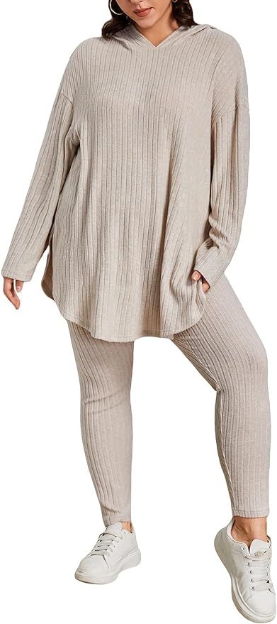 MakeMeChic Women's Plus Size Pajama Set Lounge Set Long Sleeve Hooded Tops Leggings Workout Sets ... | Amazon (US)