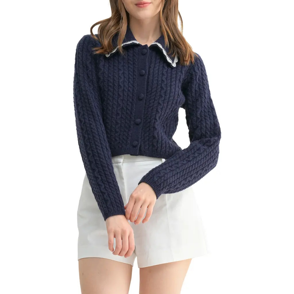 All in Favor Lace Trim Collar Cable Stitch Cardigan in Navy White at Nordstrom, Size Small | Nordstrom