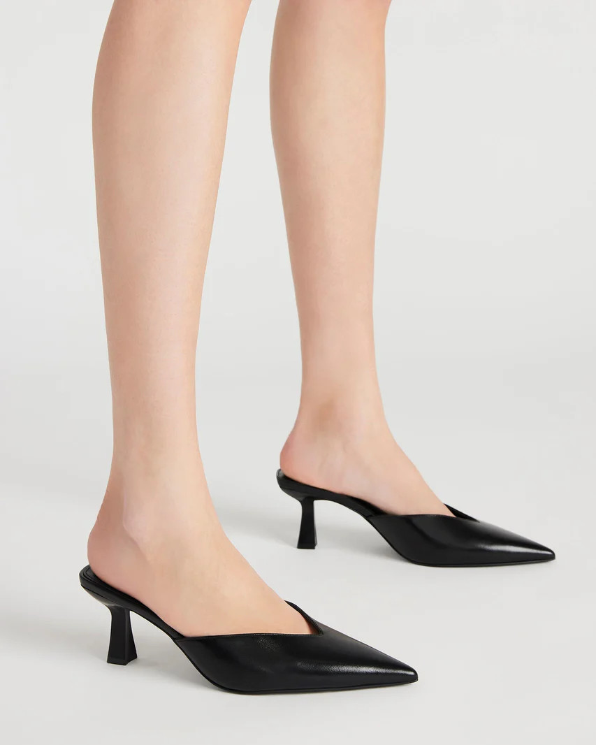 MOD Black Leather Kitten Heel Pointed Toe Mule | Women's Heels | Steve Madden (US)