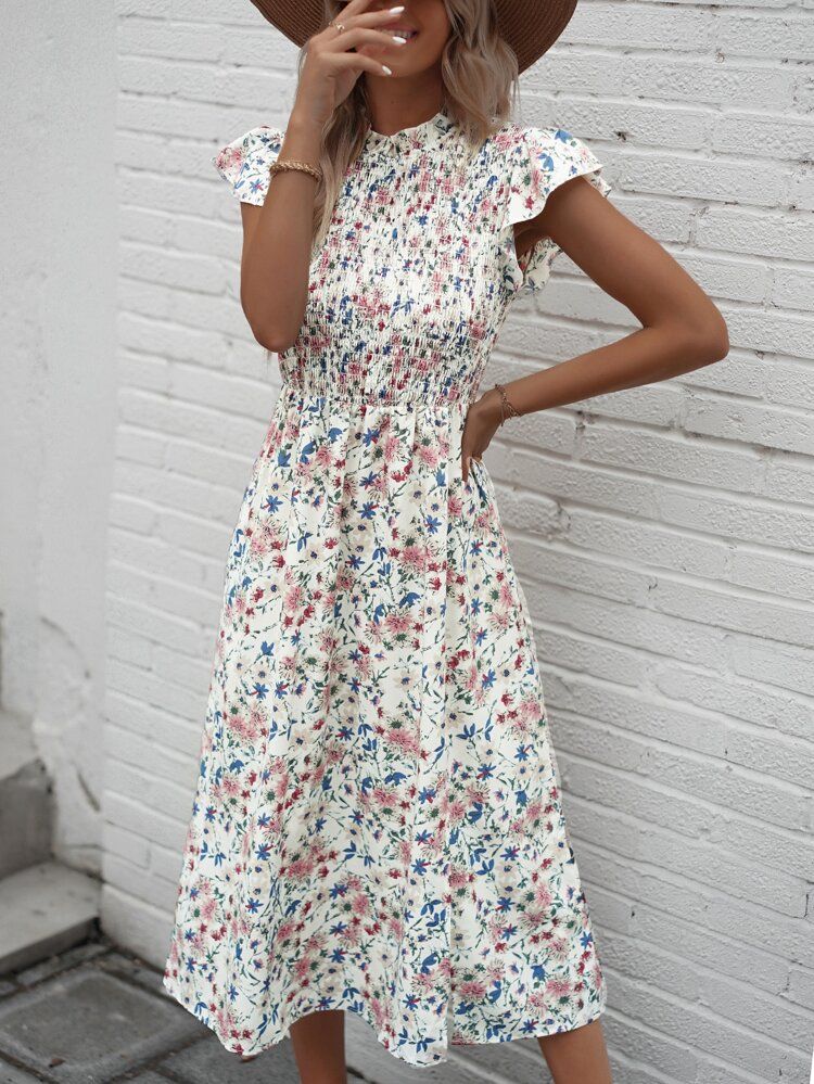 Allover Floral Print Shirred Detail Dress | SHEIN
