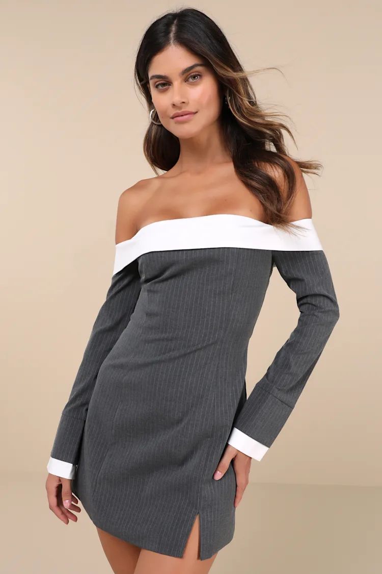 Distinct Composure Grey Pinstriped Off-the-Shoulder Mini Dress | Lulus