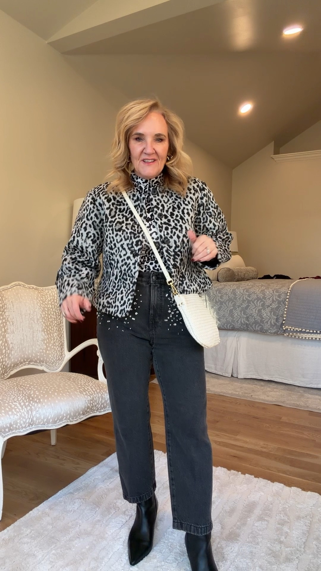 @loft snow leopard! I usually we only wear on animal print piece in an outfit. But I love this sane print in the turtleneck and jacket. 
Jacket med petite 
Turtleneck is fitted medium 
Jeans size 29 petitee

#LTKSaleAlert #LTKootd #LTKOver40