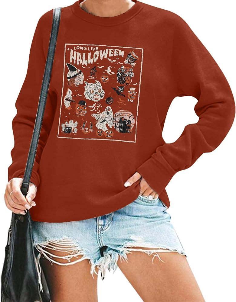 ALLTB Halloween Doodles Sweatshirt Women Vintage Love live Halloween Sweaters Hocus Pocus Gifts Spoo | Amazon (US)