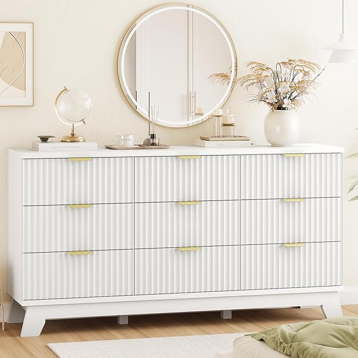 Fluted Dresser for Bedroom with 9 Drawers, 57" Wide Modern Chest of Drawers with Metal Handle, Wo... | Amazon (US)