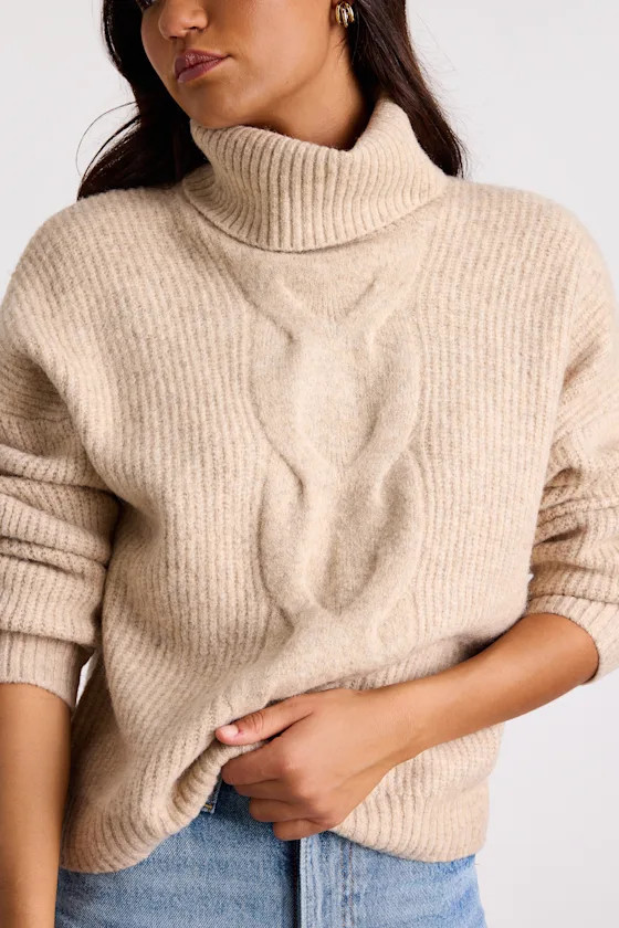 Kenina Heathered Beige Cable Knit Turtleneck Sweater | Lulus