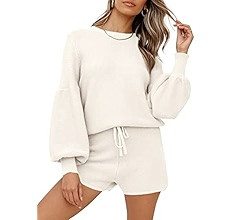 imesrun Womens Waffle Knit PJ Sets Lantern Long Sleeve Top and Drawstring Shorts Loungewear Light... | Amazon (US)