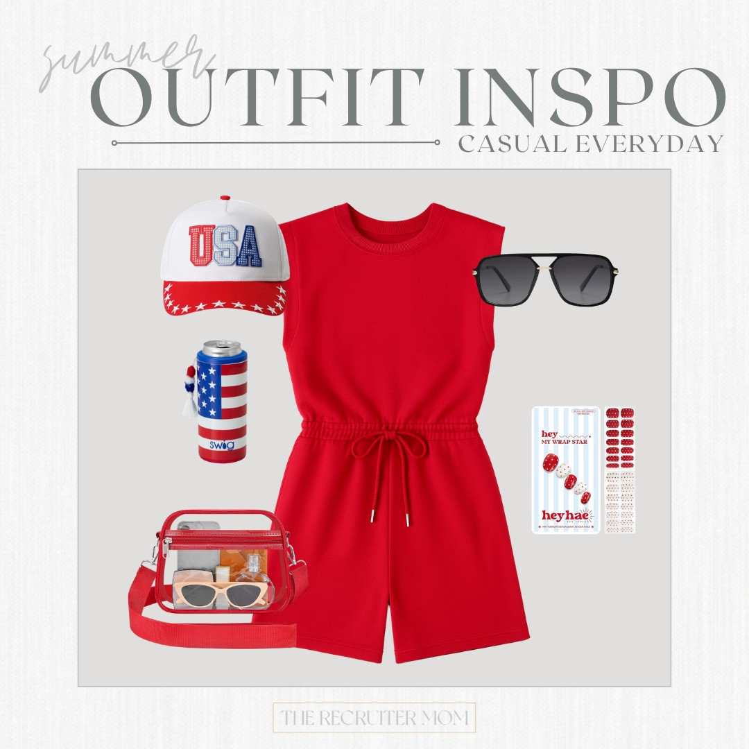 Easy red romper styled for summer weekends, lake days, and Fourth of July plans 🇺🇸 

 #LTKsummer #LTKcasual

#LTKSeasonal #LTKOver40 #LTKMidsize