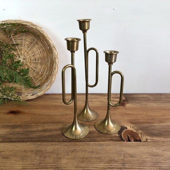 Brass Candlestick Set, Graduated Horn Candlesticks Set of 3, Brass Horn Candlestick Collection, V... | Etsy (US)