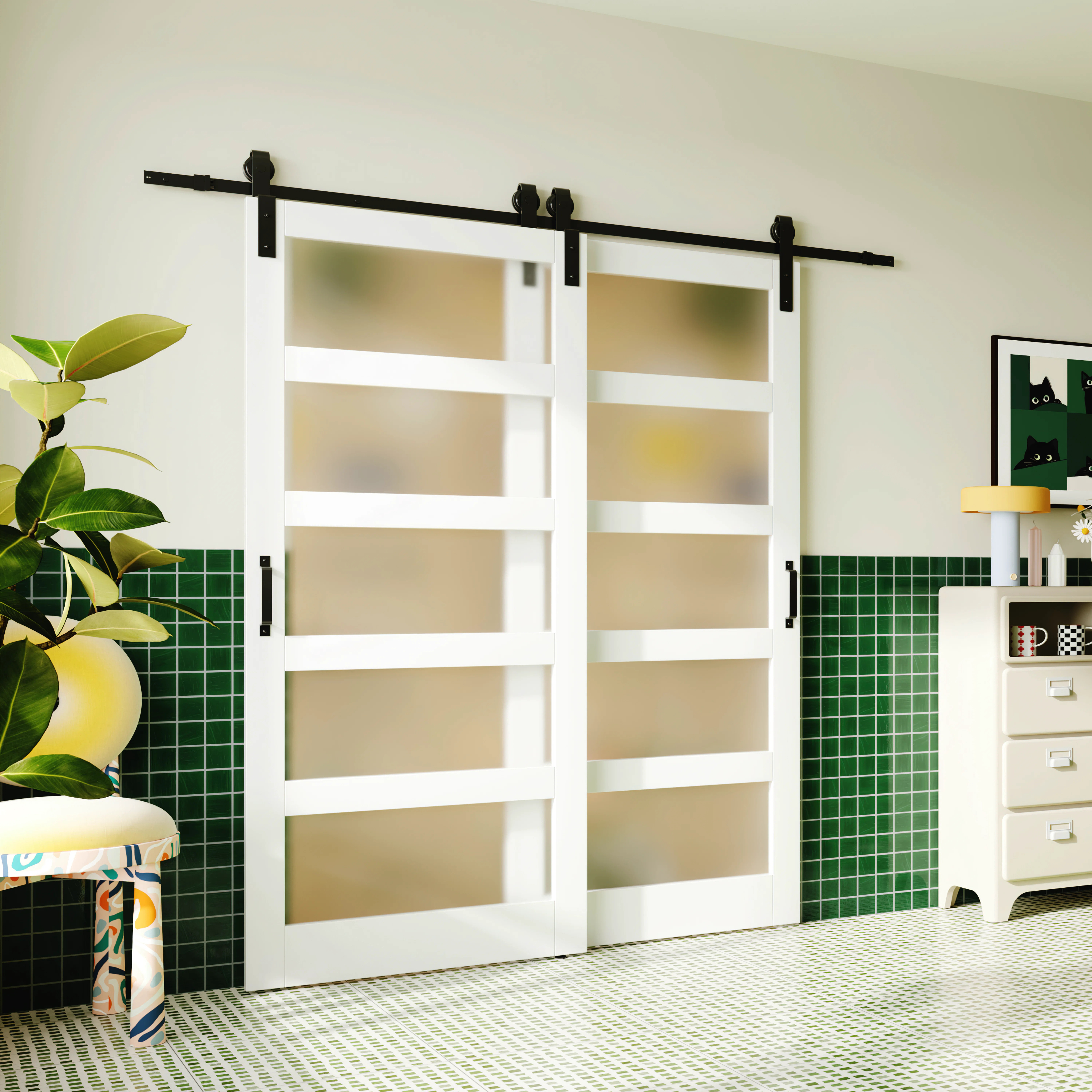 Bypass Barn Doors - 5 Lite Frosted Glass Design Bypass Barn Door Sliding Interior Door With Hardw... | Wayfair North America