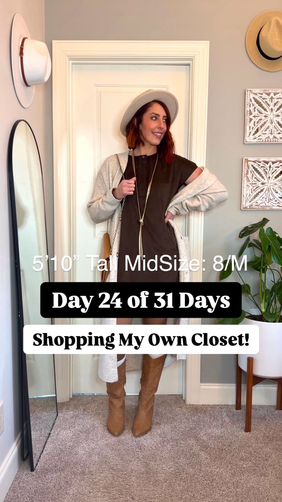 Earthy tones and cozy vibes—Day 24 of my 31 Days of Closet Magic Challenge is all about layering up in style! 🤎✨

This chocolate brown faux suede tunic dress is the perfect base, paired with fleece-lined tights for extra warmth. I layered on a beige knitted duster sweater for that comfy-chic touch, adding earthy accessories like a long knotted chain necklace and my brown leather boho cuff bracelet. White cozy boot socks peek out just right from my tan cowboy boots, beige wide brim fedora hat, and my neutral camel crossbody bag with a metal chain handle pulls it all together.

Effortlessly boho, perfectly layered, and ready for whatever the day brings! Do you love earthy layers? 🌿
✔️ Yes, always!
🤎 Only in cooler weather.

#ClosetMagicChallenge #EarthyLayers #BohoWinterStyle #CozyChicLooks #TallGirlFashion #NoSpendChallenge #LayeredOutfits


#LTKShoeCrush #LTKStyleTip #LTKMidsize