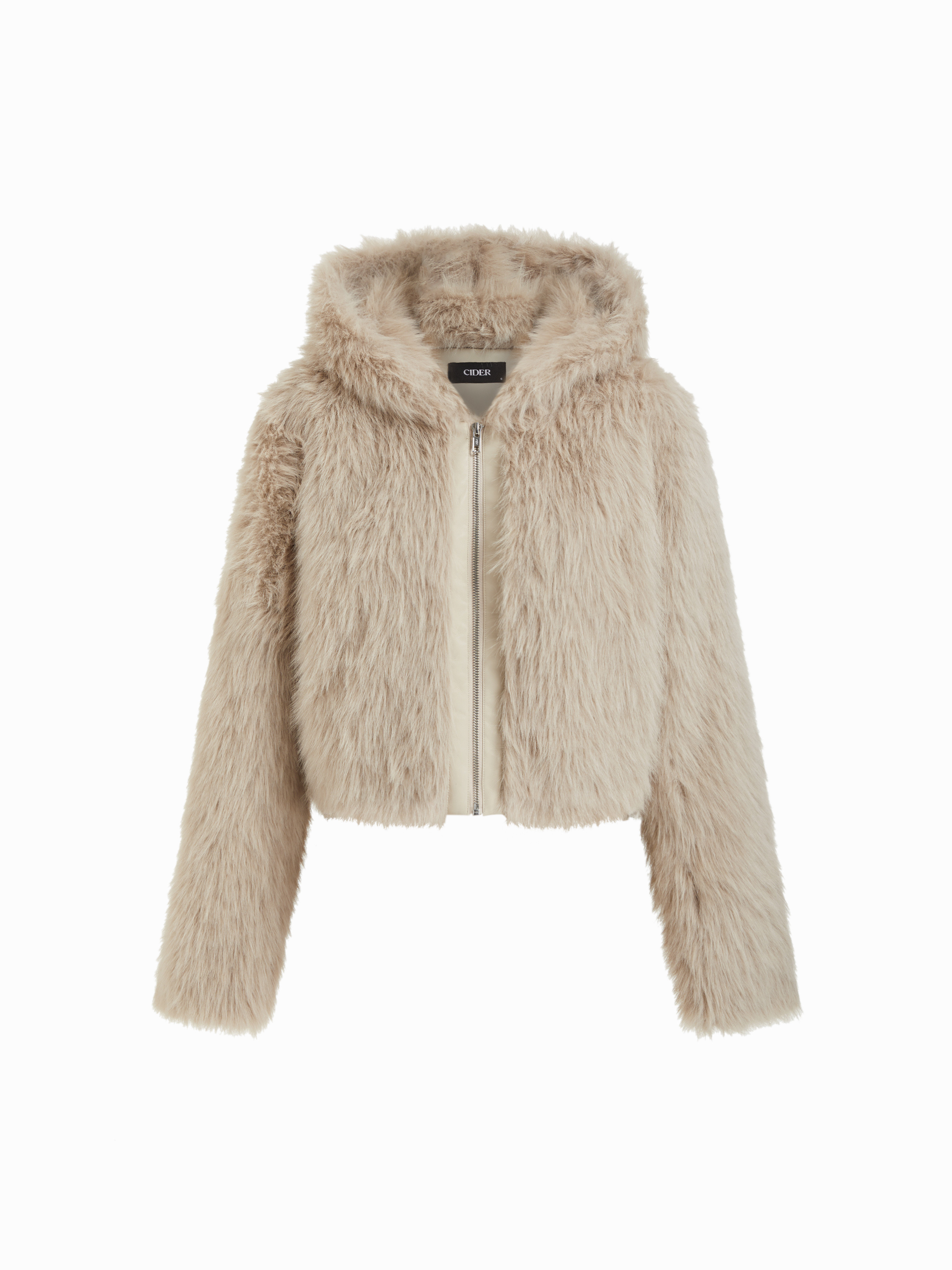Faux Fur Faux Fur Hooded Zip Through Long Sleeve Jacket For Daily Casual | Cider