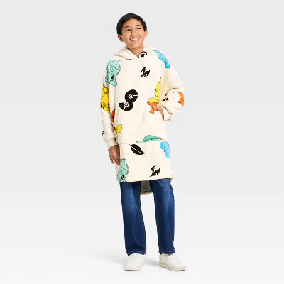 Boys' Pokemon Kanto Starters Oversized Plush Hooded Sweatshirt - Cream | Target
