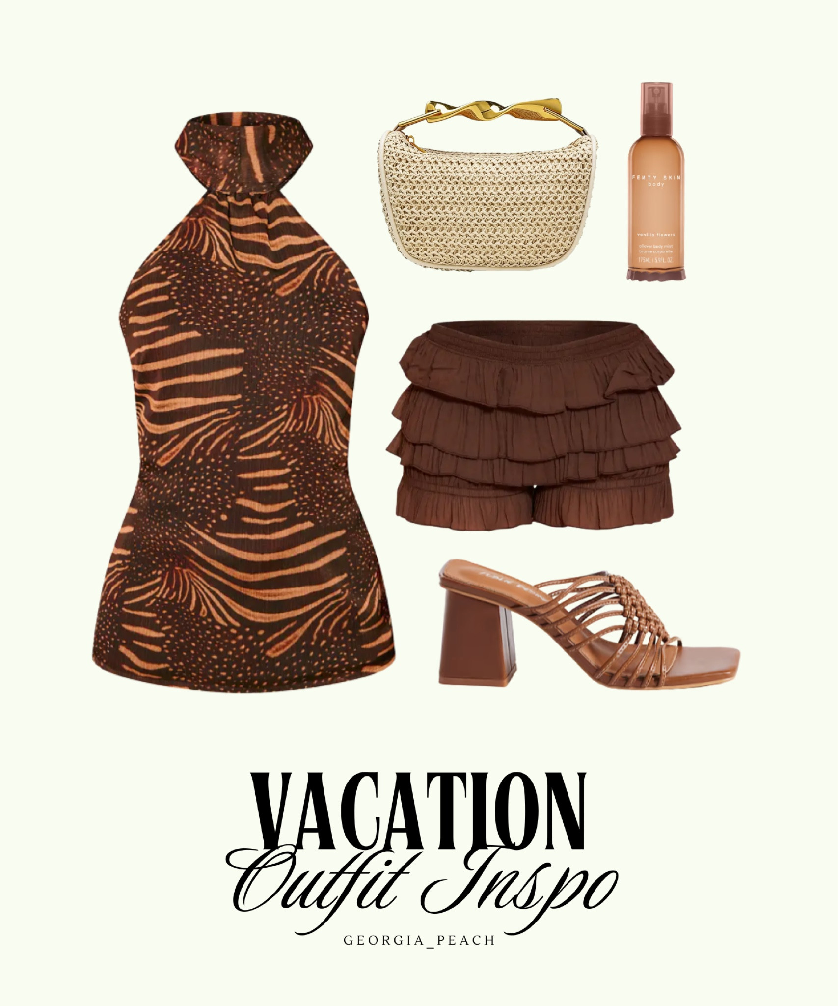 This brown vacation outfit is everything. Animal print top paired with micro ruffle shorts, strappy block heels & a woven purse for the ultimate resort rooftop, dinner on the beach, jet set summer style. Tie it all together with the fenty skin body spray for a luxe look that pairs perfectly with a sun-kissed glow. All items tagged! #vacationoutfit #summerstyle #outfitinspo #summerfashion #outfitideas 

#LTKgrwm #LTKootd #LTKTravel