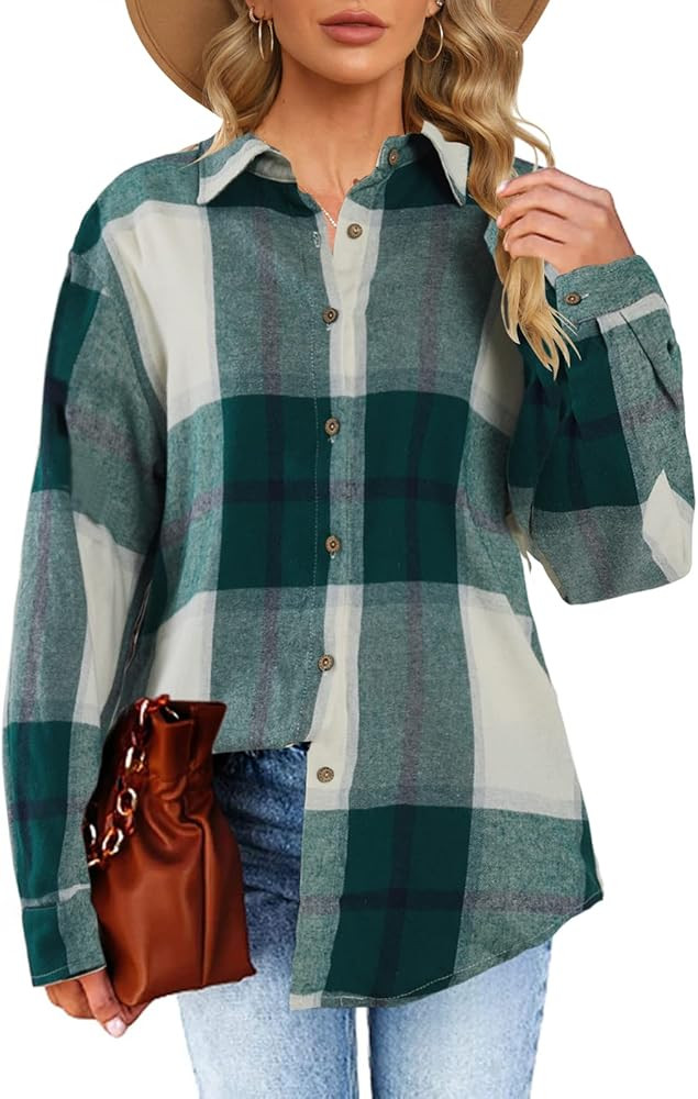 Womens Long Sleeve Plaid Shirts Flannel Collared Button Down Shackets Casual Rolled Up Boyfriend ... | Amazon (US)