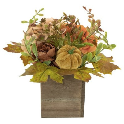 Northlight Floral and Pumpkin Wooden Box Fall Harvest Decoration - 10" x 8" - Orange and Brown | Target