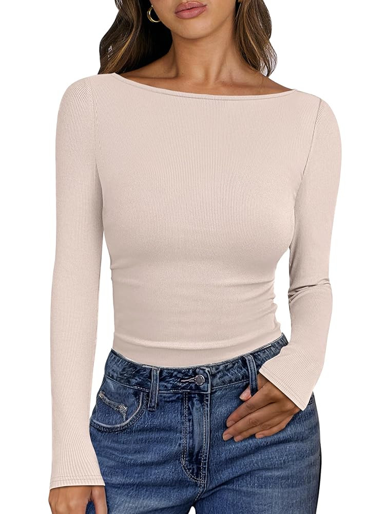ANRABESS Women's Boat Neck Long Sleeve Shirts Rib Knit Slim Fitting Tops Basic Tees 2025 Casual C... | Amazon (US)