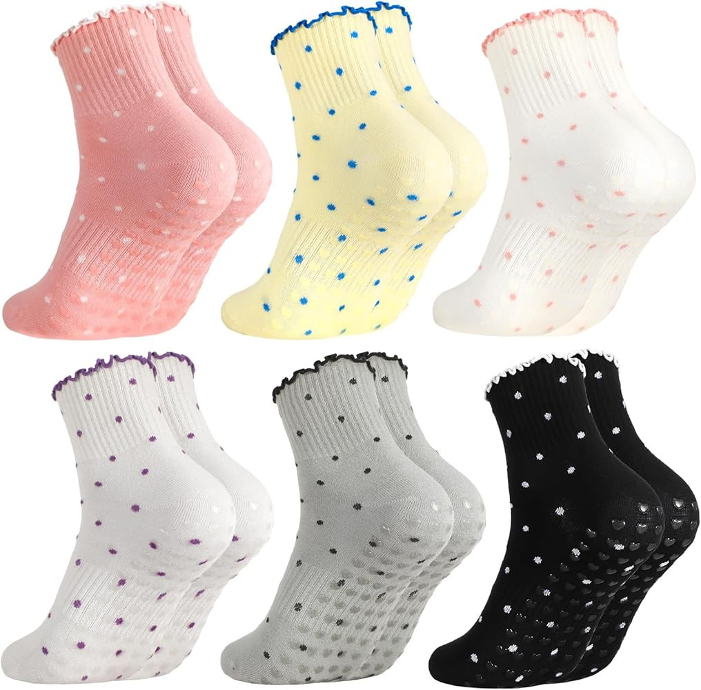 6 Pairs Cute Pilates Socks with Grip for Women Polka Dot Ruffled Yoga Socks for Barre Dance Workout Sizes 5-8.5 | Amazon (US)