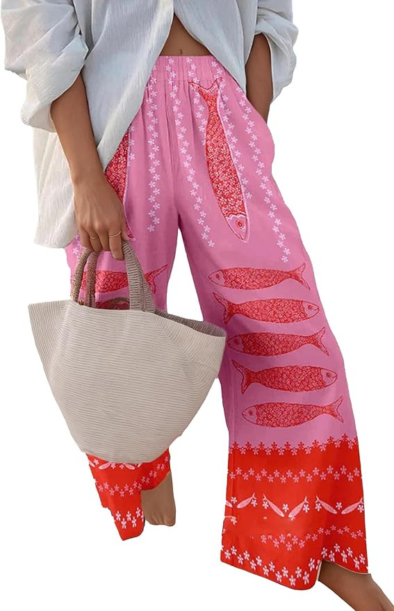 Womens Sardine Beach Pants Boho Funny Fish Graphic Printed Wide Leg Casual Flowy Vacation Trouser... | Amazon (US)