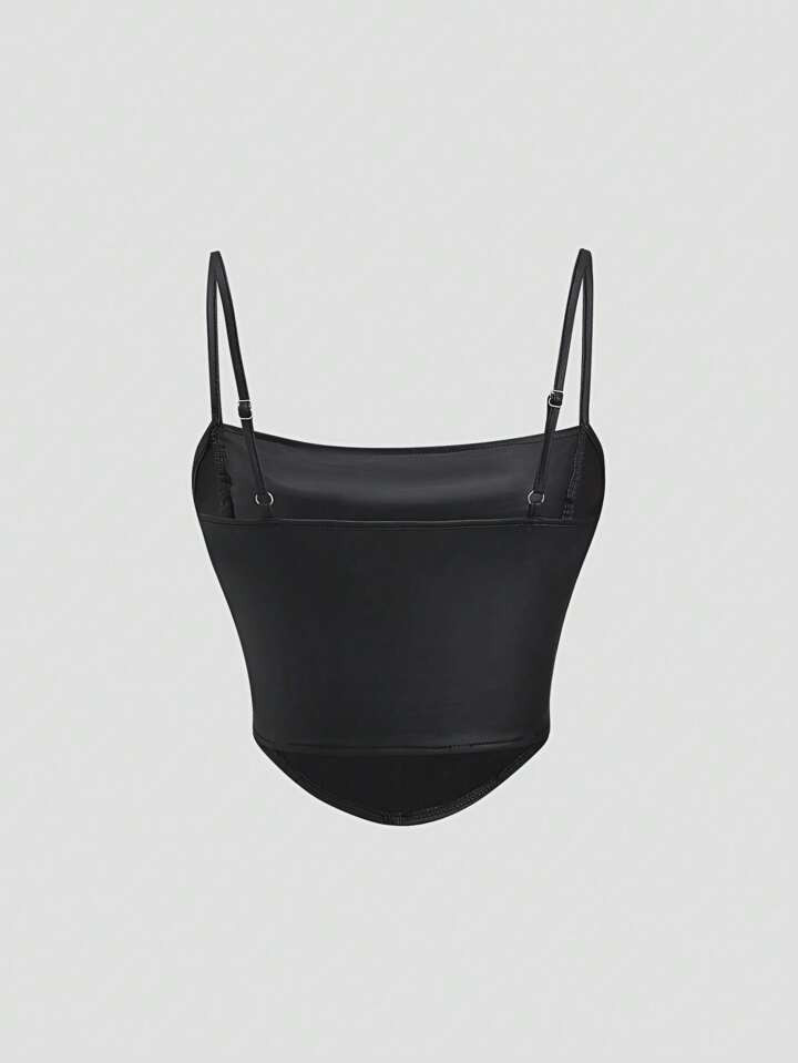 Sweetra Vintage Elegant Faux PU Coated Fake Fishbone Ruched Adjustable Strap Women Cami Top Y2K | SHEIN