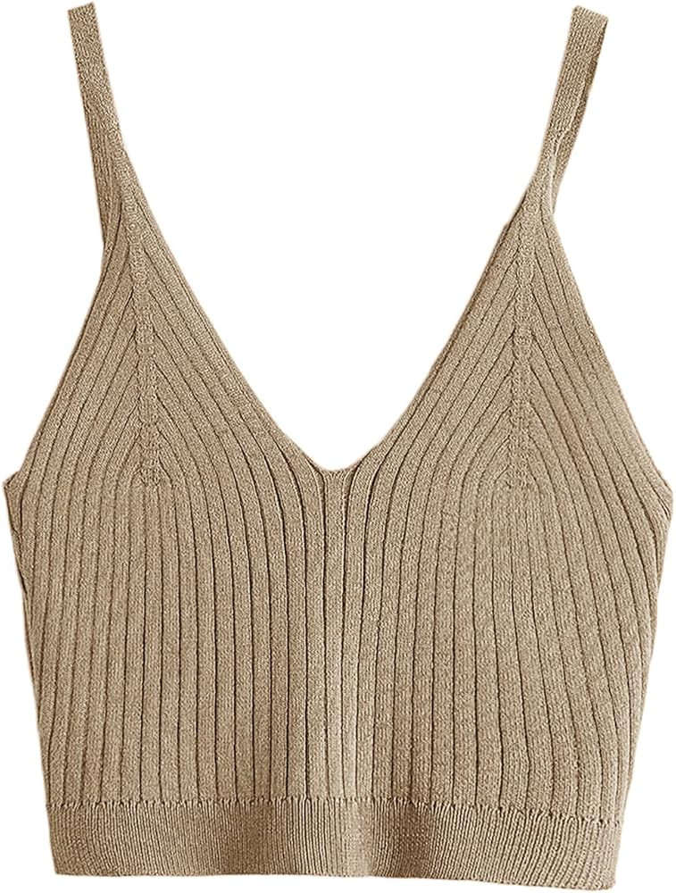 SweatyRocks Women's V Neck Crop Cami Top Ribbed Knit Spaghetti Strap Sleeveless Vest | Amazon (US)