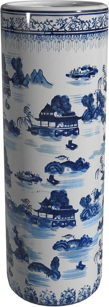 Oriental Furniture 20" Landscape Blue & White Porcelain Umbrella Stand | Amazon (US)