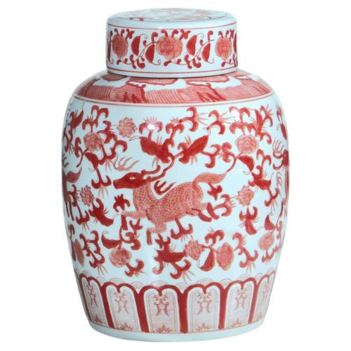 15 Inch Ginger Jar with Deer Design - Red | One Kings Lane