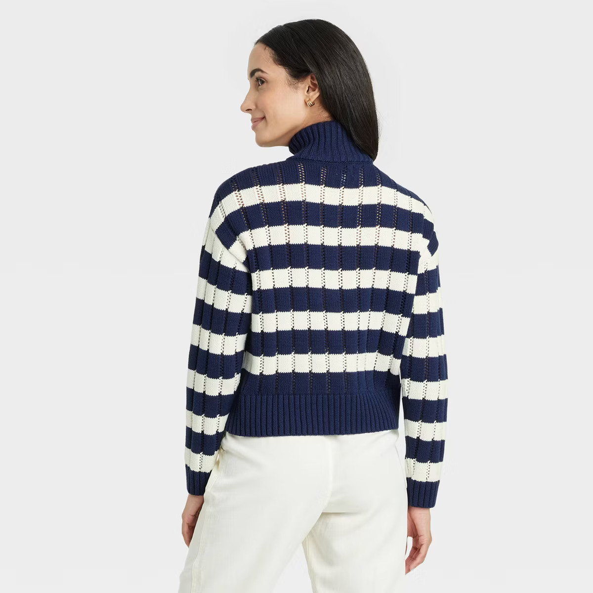 Women's Mock Turtle Neck Quarter Zip Pullover Sweater - A New Day™ Navy/Cream Striped L: Cotton... | Target