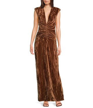 Hayley Crinkled Velvet Sleeveless V-Neck Ruched Detail Maxi Dress | Dillard's