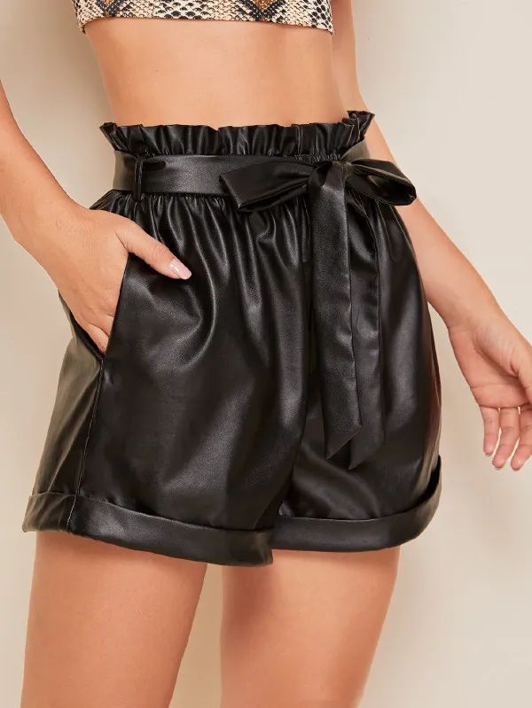 SHEIN Paperbag Waist Rolled Hem Belted PU Shorts | SHEIN
